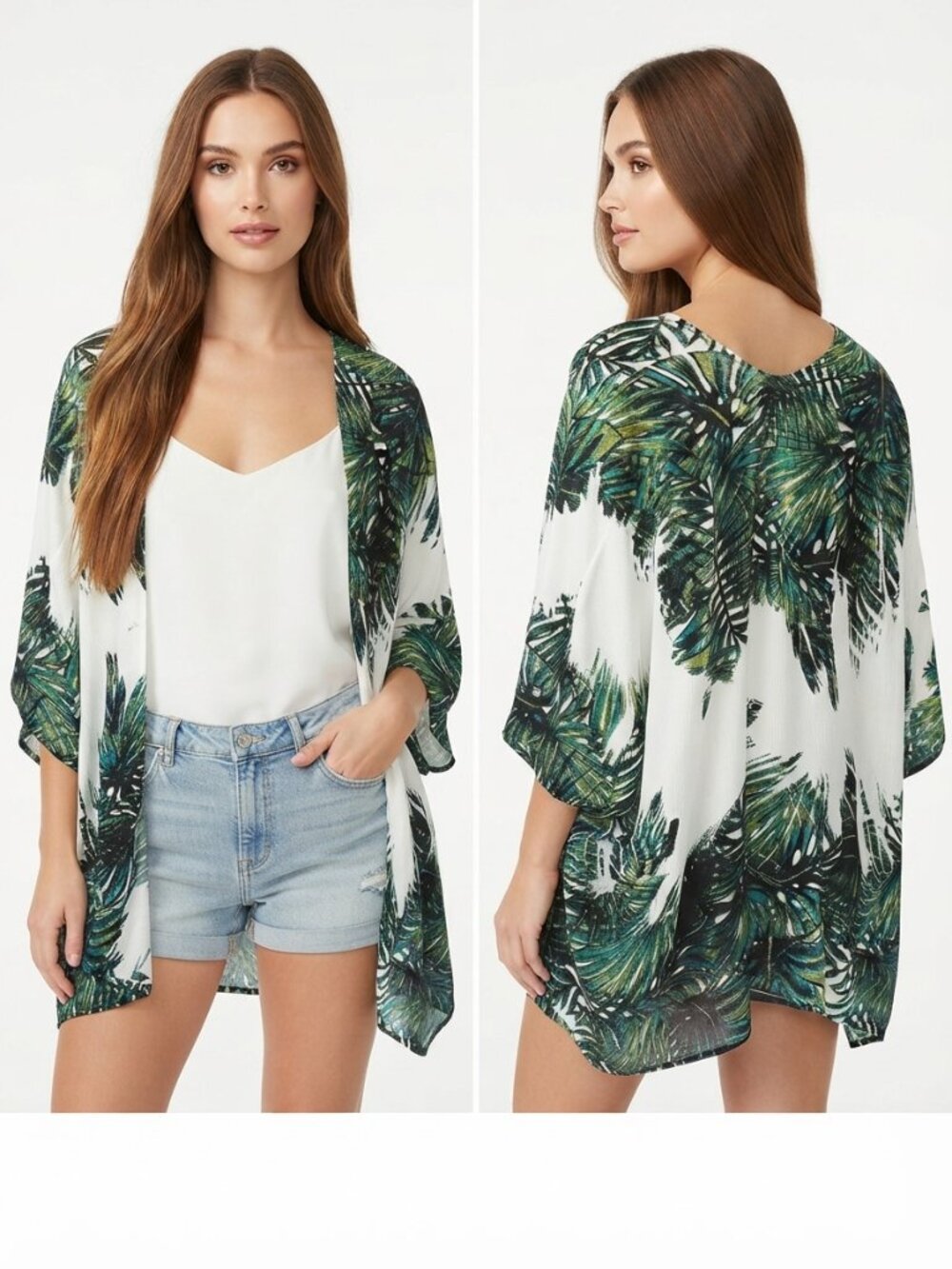 New Directions Tropical Leaf Print Kimono Cover Up One Size Viscose Bohemian